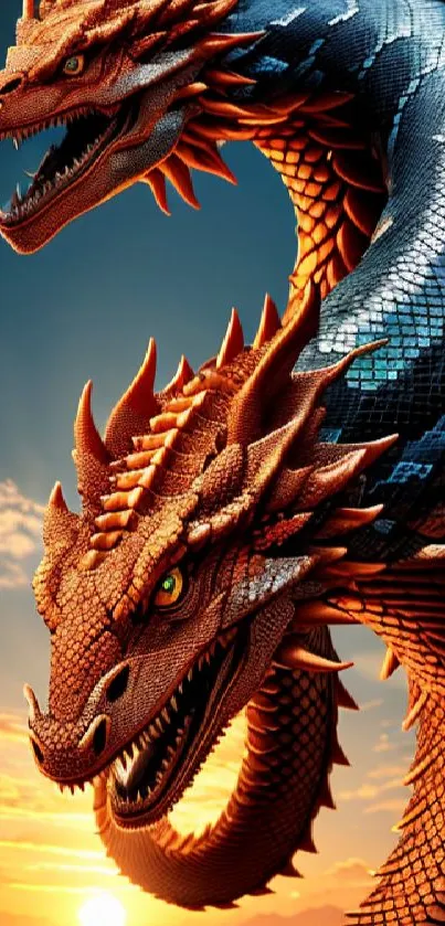 Two-headed dragon under sunset sky, vibrant and dynamic scene.
