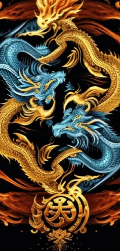 Vibrant mobile wallpaper with blue and gold dragons intertwined.