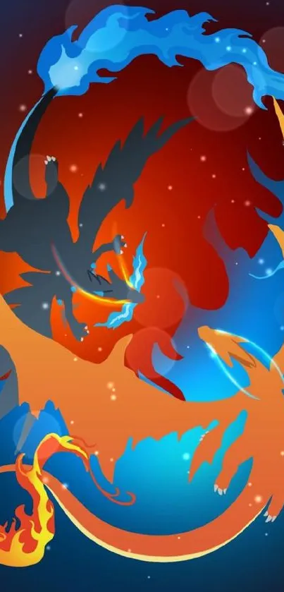 Vibrant dragon artwork with fiery and icy elements.