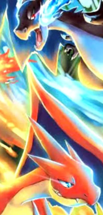 Epic duel of fiery dragons in vibrant colors on mobile wallpaper.