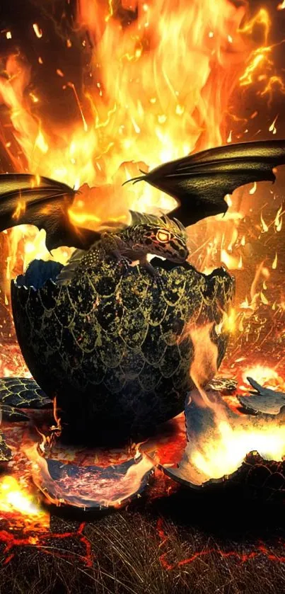 Fiery dragon egg amid glowing flames in a mystical landscape.