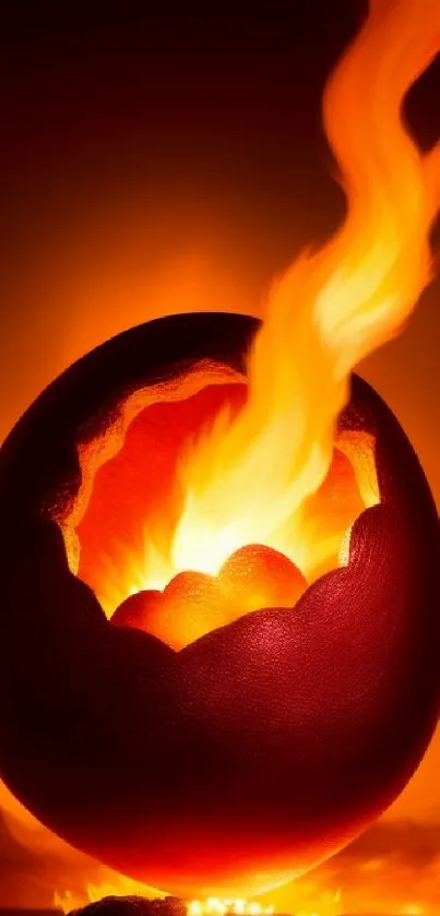 Fiery dragon egg with flames bursting out on a dark background.