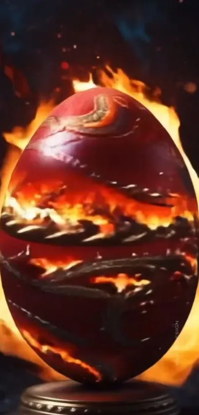 A fiery dragon egg surrounded by flames as a mobile wallpaper.