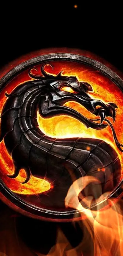 Fiery dragon emblem on black background with flames.