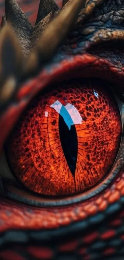 Close-up of a fiery dragon eye with vibrant red details.