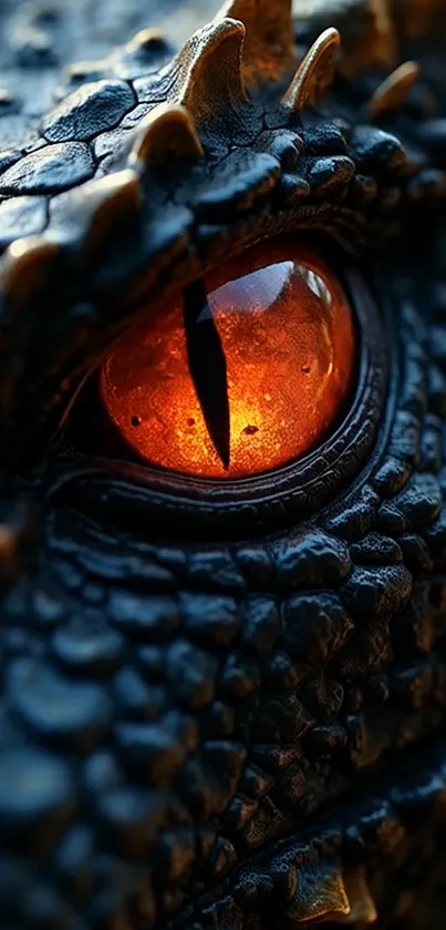 Close-up of a dragon's fiery amber eye with dark scales.