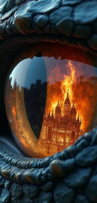 Dragon's eye reflecting a burning cityscape in vivid detail.
