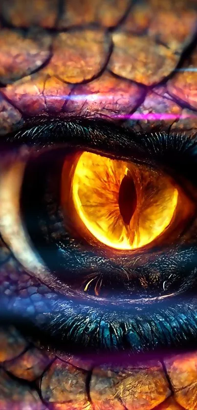 Close-up of a fiery dragon eye with orange scales.