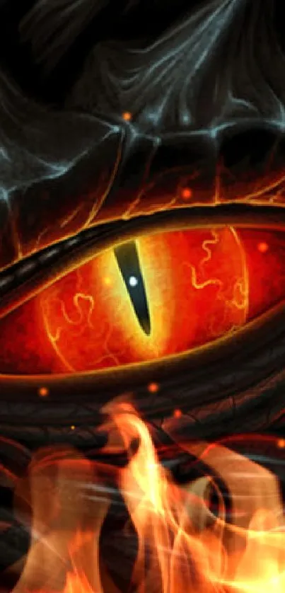 Fiery dragon eye with dark scales on mobile wallpaper.