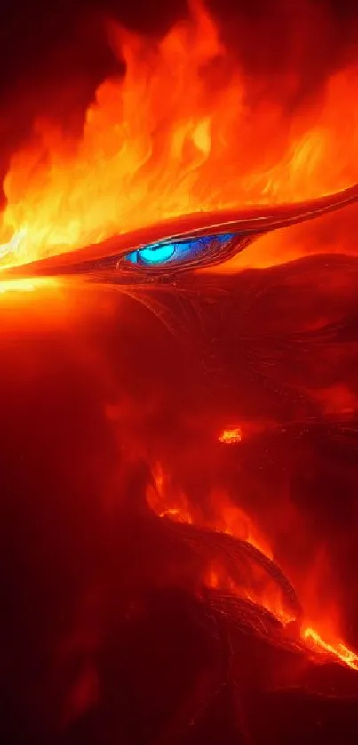 Fiery dragon's eye with orange flames and blue accents, perfect for mobile wallpaper.