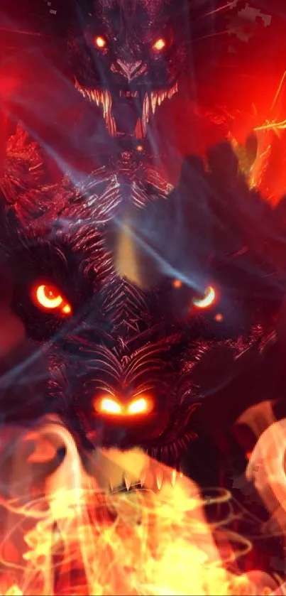 Fiery dragon face with glowing eyes and flames, in red tones.