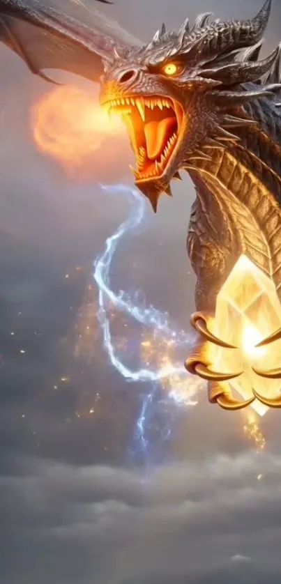 A fiery dragon holding a crystal with a vibrant background.