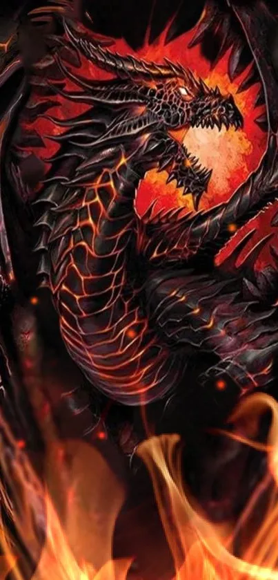 Fiery dragon surrounded by flames on a mobile wallpaper.