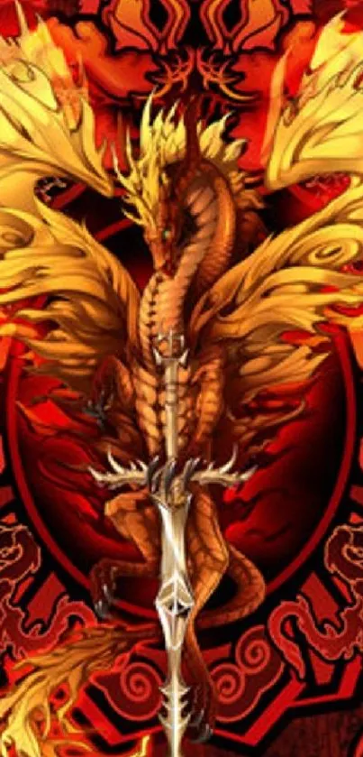 Fiery dragon with sword and phoenix wings in vibrant fantasy art.