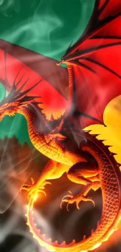 Fiery dragon with wings spread in fantasy landscape wallpaper.