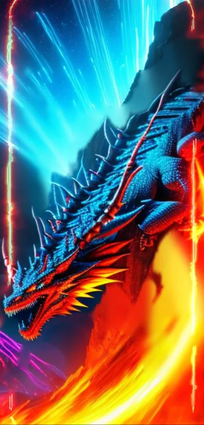 Epic dragon with fiery red and blue flames in a fantasy art scene.