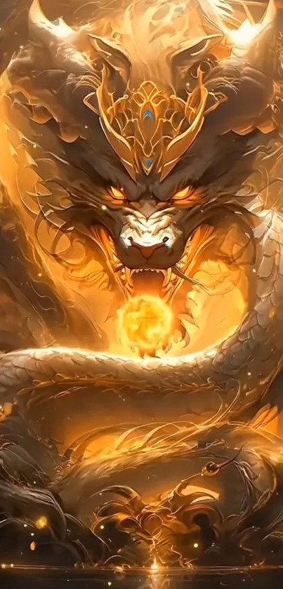 Majestic fiery dragon with golden flames in a fantasy art design.