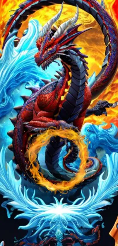 Fiery dragon with icy elements wallpaper for mobile.