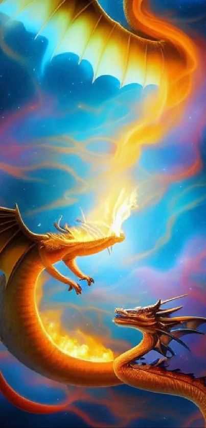 Fiery fantasy dragon in vibrant colors with a cosmic backdrop.