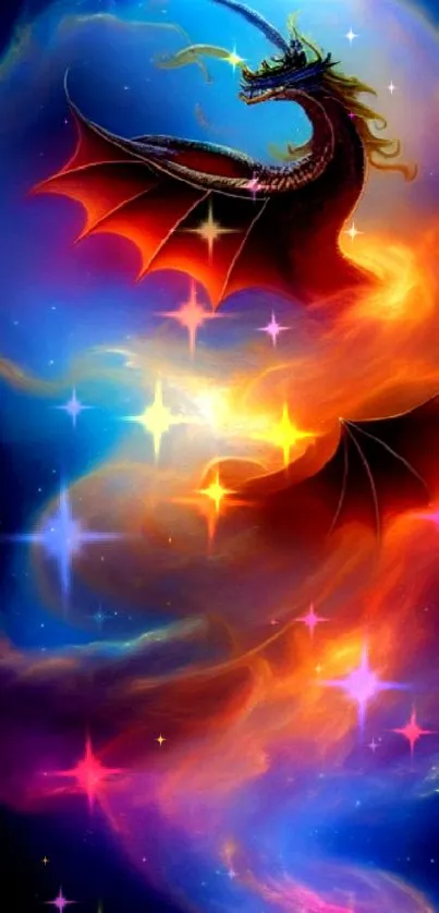 Majestic dragon soaring through a colorful cosmic cloudscape, vibrant fantasy art.