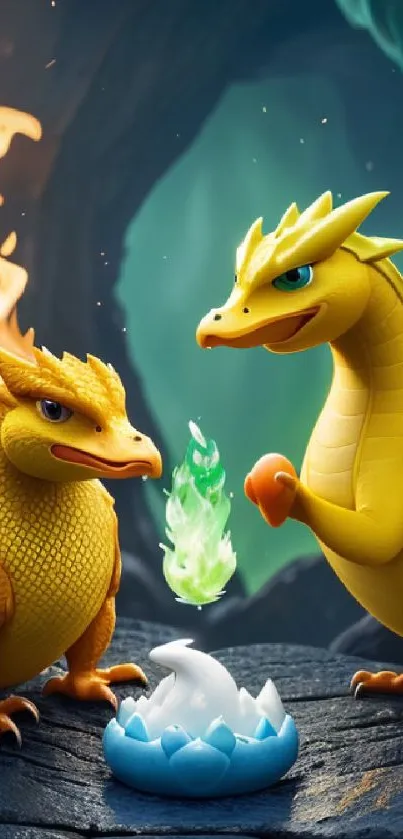 Two yellow dragons with fire egg in fantasy scene.