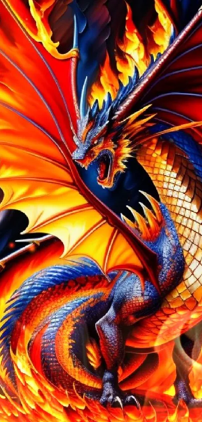 Fiery dragon with orange wings in fantasy art wallpaper.