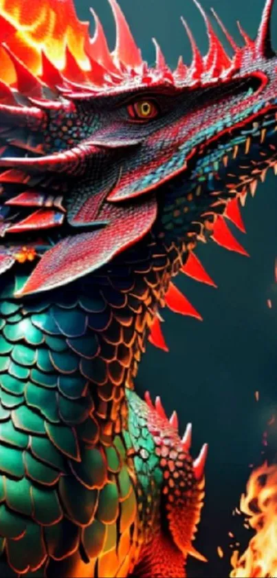 Fiery dragon artwork with vibrant scales and flames rising around it.