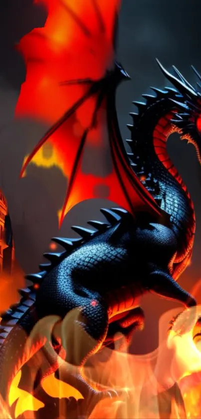 Fiery dragon soaring in flames artwork.