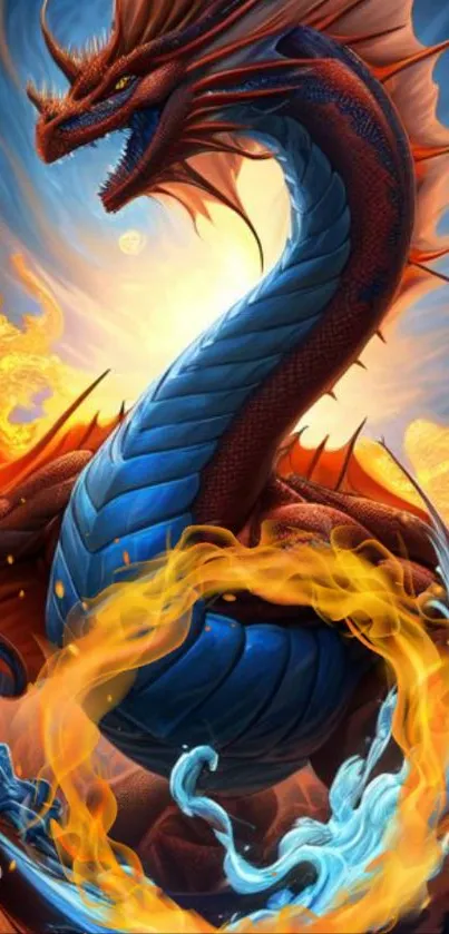 Fiery dragon with swirling flames in fantasy artwork for mobile wallpaper.