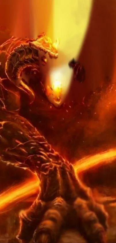 Dynamic fiery dragon in fantasy art wallpaper with vivid orange tones.