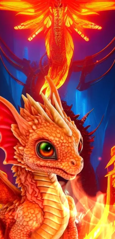 Vibrant fiery dragon on a fantasy-themed mobile wallpaper.