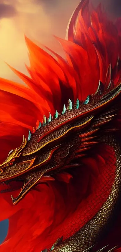 Fiery dragon with red scales and intricate details on a fantasy mobile wallpaper.