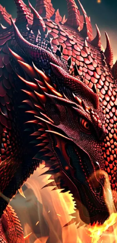 Fiery red dragon in a blazing fantasy landscape.