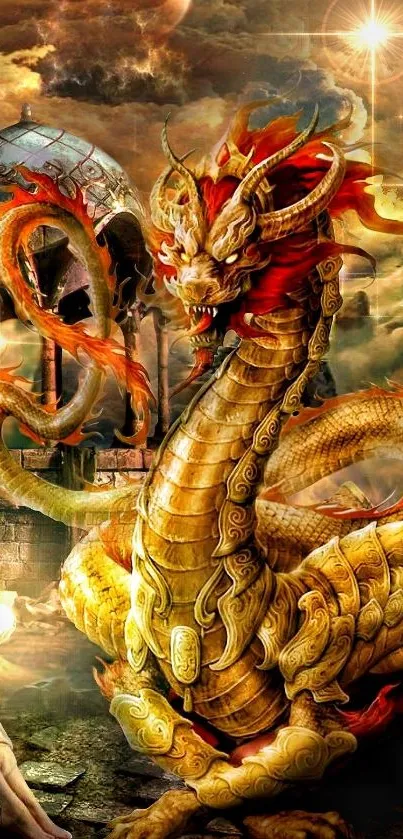 A golden dragon in a mystical fantasy setting.