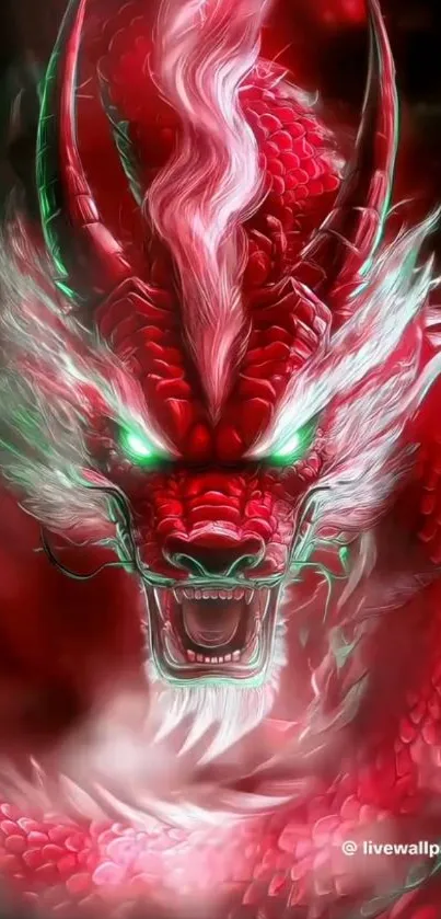 Fiery red dragon with glowing green eyes in fantasy art.