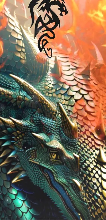 Colorful fiery dragon with intricate scales and flames in a fantasy setting.