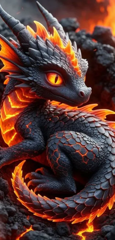 Fiery dragon amidst glowing lava rocks.