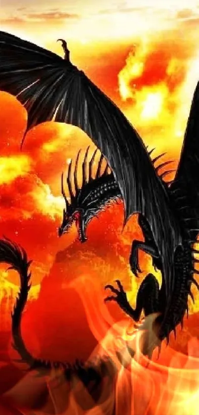 A black dragon flies in fiery orange clouds, creating a striking fantasy display.