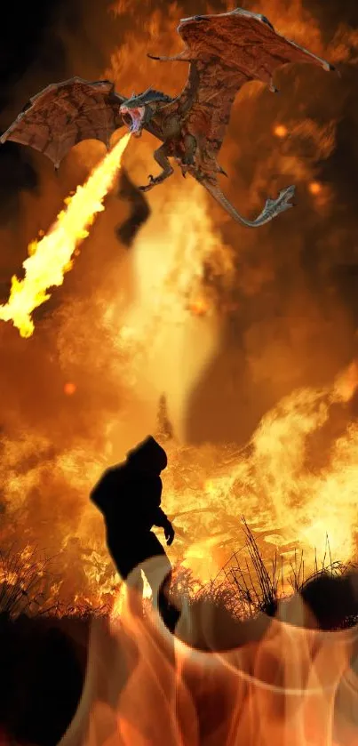 Dragon breathing fire over a silhouetted figure amidst flames.