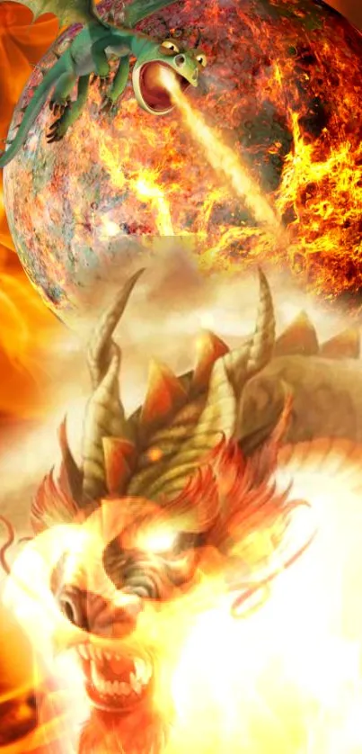 Fiery dragon battling amidst cosmic flames.