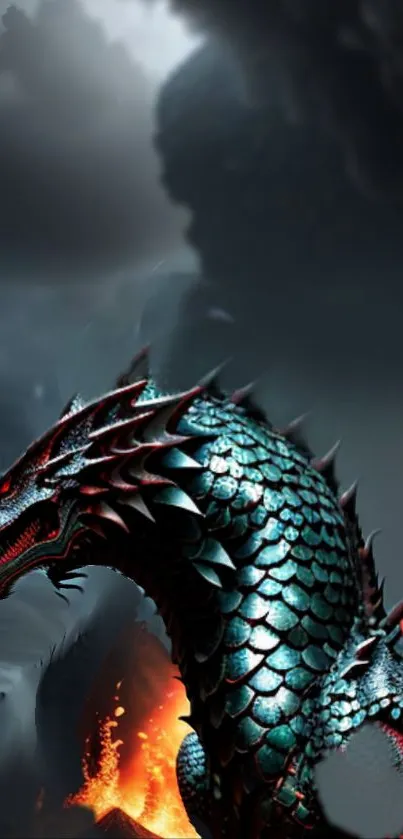 Fierce teal dragon breathing fire against a dark sky, creating a fantasy scene.