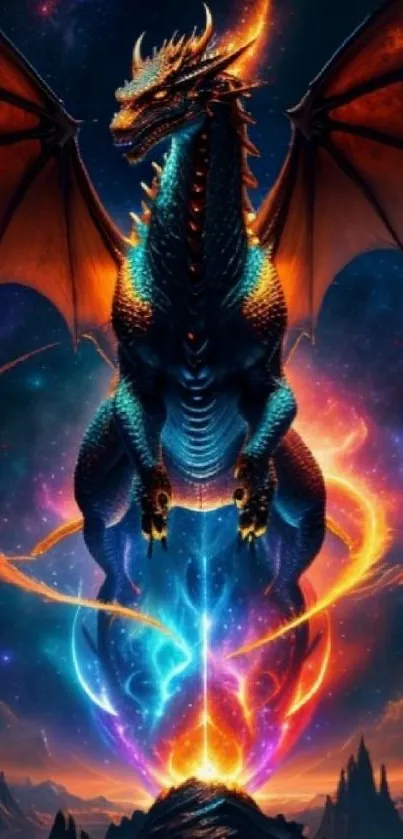 Majestic dragon in a vibrant cosmic scene.