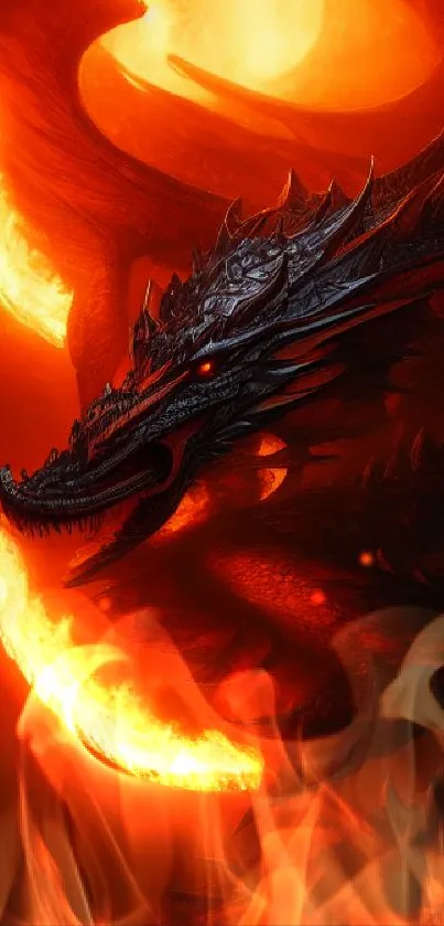 Fiery dragon with dramatic flames in fantasy art design for mobile wallpaper.