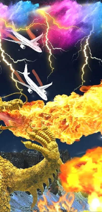 Golden dragon breathes fire against vibrant sky with mountains.