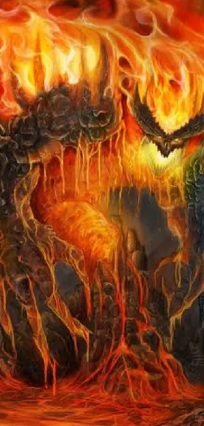 Fiery dragon with flames and rocks in fantasy art style wallpaper.