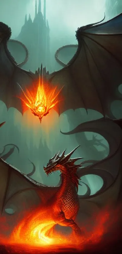 Fiery dragon in a fantasy setting with wings spread wide.