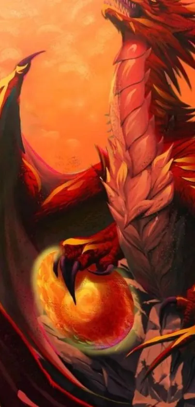 Fiery dragon with glowing orb on rocky terrain, vibrant red and orange.