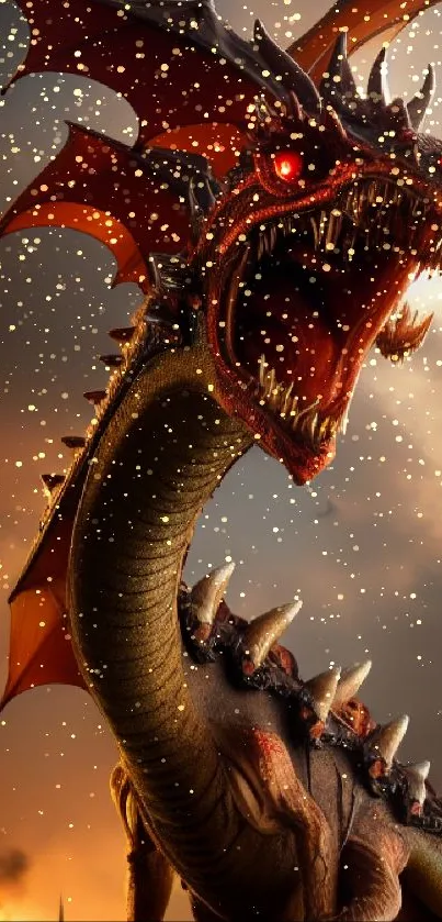 Fiery dragon with glowing eyes in a dramatic sky setting, bursting with vibrant colors.