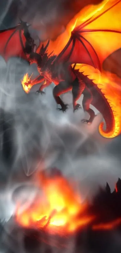 Fiery dragon with blazing wings and smoke in fantasy art wallpaper.