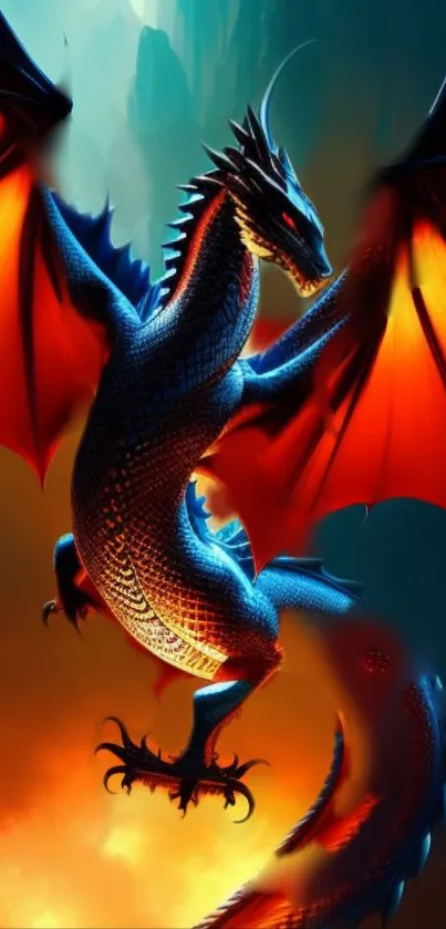 Dynamic dragon with fiery orange wings soaring in a mystical fantasy scene.